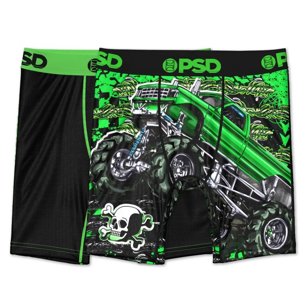 PSD Boy's Green Black Monster Truck Skull Boxer Briefs Size Large